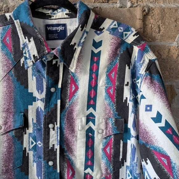 VTG 80s Wrangler Chamois Southwestern Aztec Tribal Long Sleeve Snap Shirt 19x36 - Picture 2 of 9